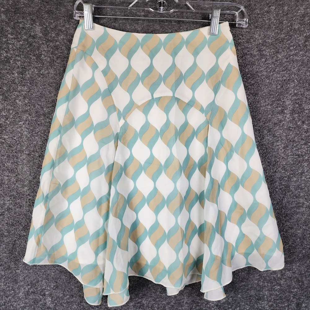 Girls from Savoy Skirt Women 0 Teal Tan Geometric Silk A-Line EUC